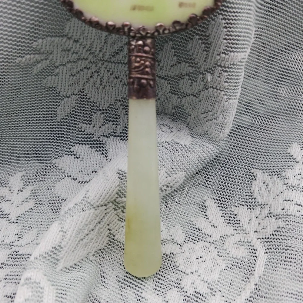 Chinese Handheld Jade Handle Mirror Antique 1920s Porcelain with metal repoussé